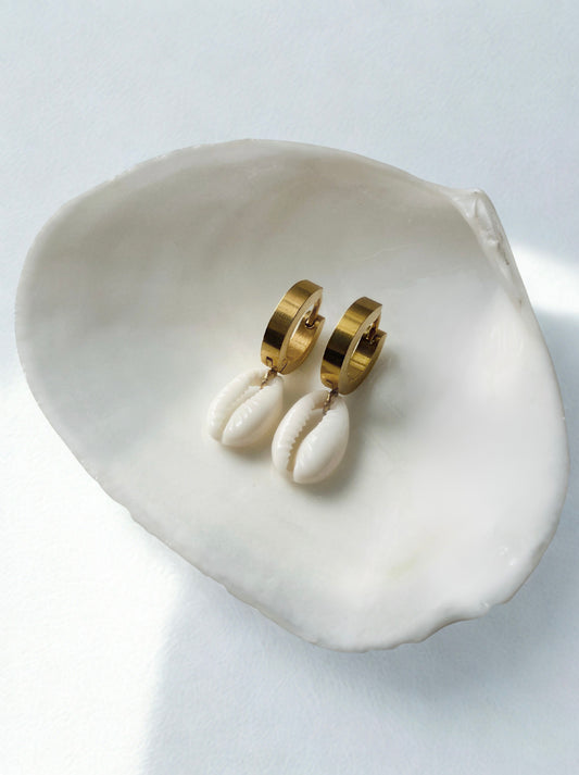 Gold hoop earrings on a white shell against a light gray background